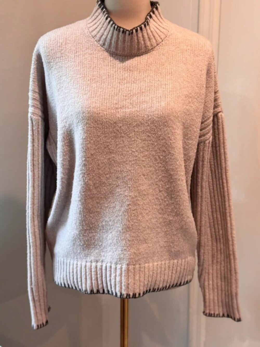 Joie Pink/beige Blanket Stitch Mock Neck Sweater Cozy Knit | Size L